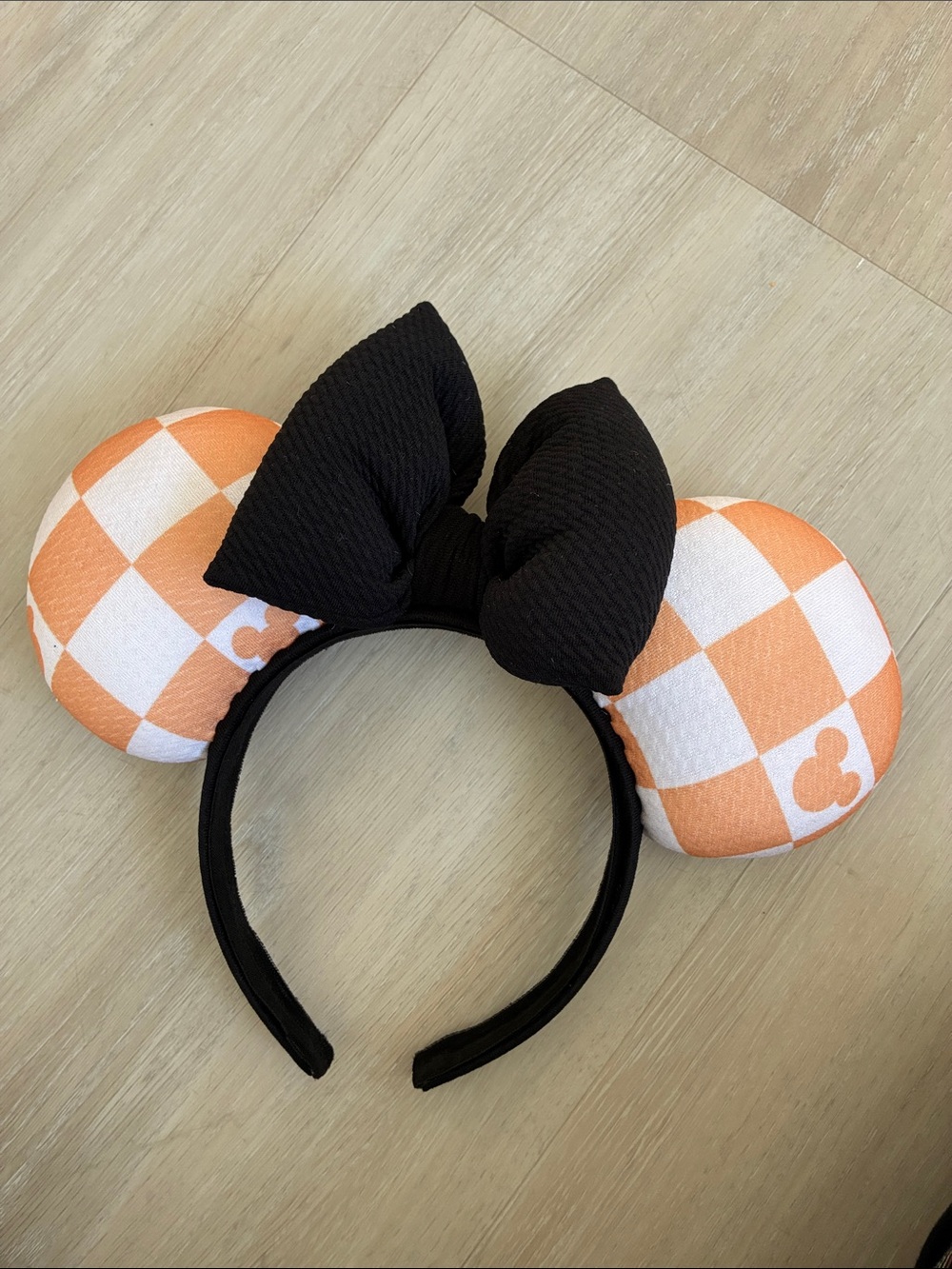 Black Bow Minnie Ear Headband with Orange Checker Mickey Ears